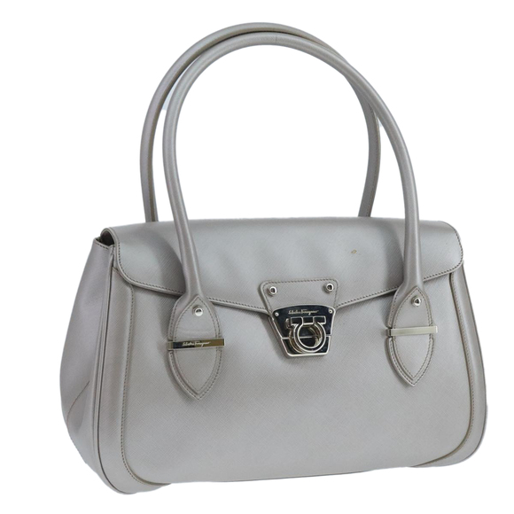 Salvatore Ferragamo Gancini Hand Bag Leather Silver Auth 104358